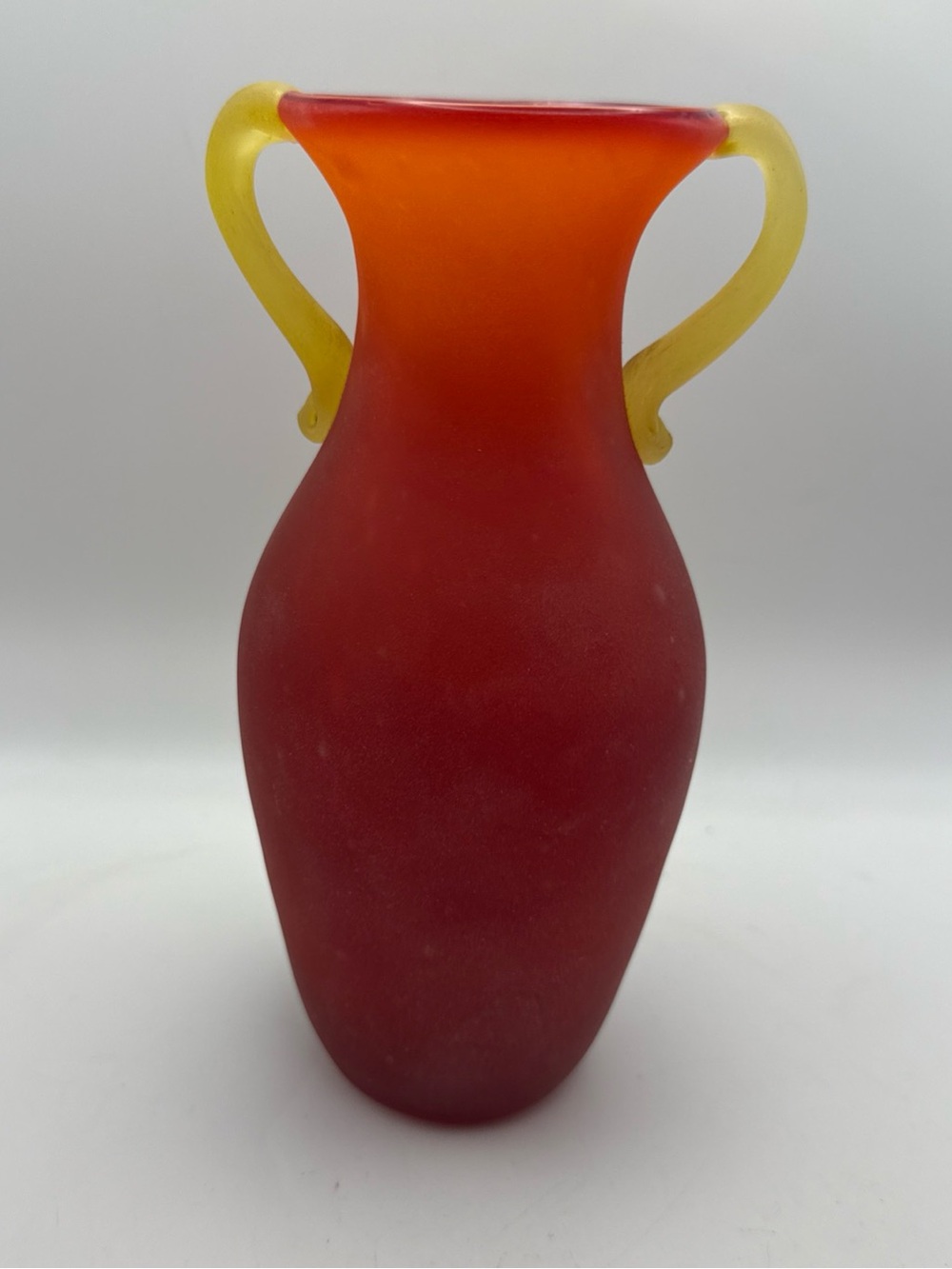 Murano Style Glass Vase Amphora Roman Style Red w/ Yellow Scroll Handles Scavo